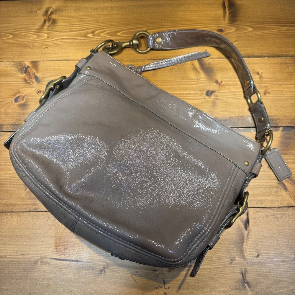 Coach Zoe 12735 Gray Patent Leather Shoulder Bag Brass Hardware Large Hobo Purse